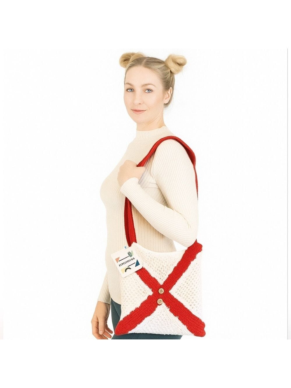 Handcrafted Crochet Crossbody Bag White and Red Upcycled